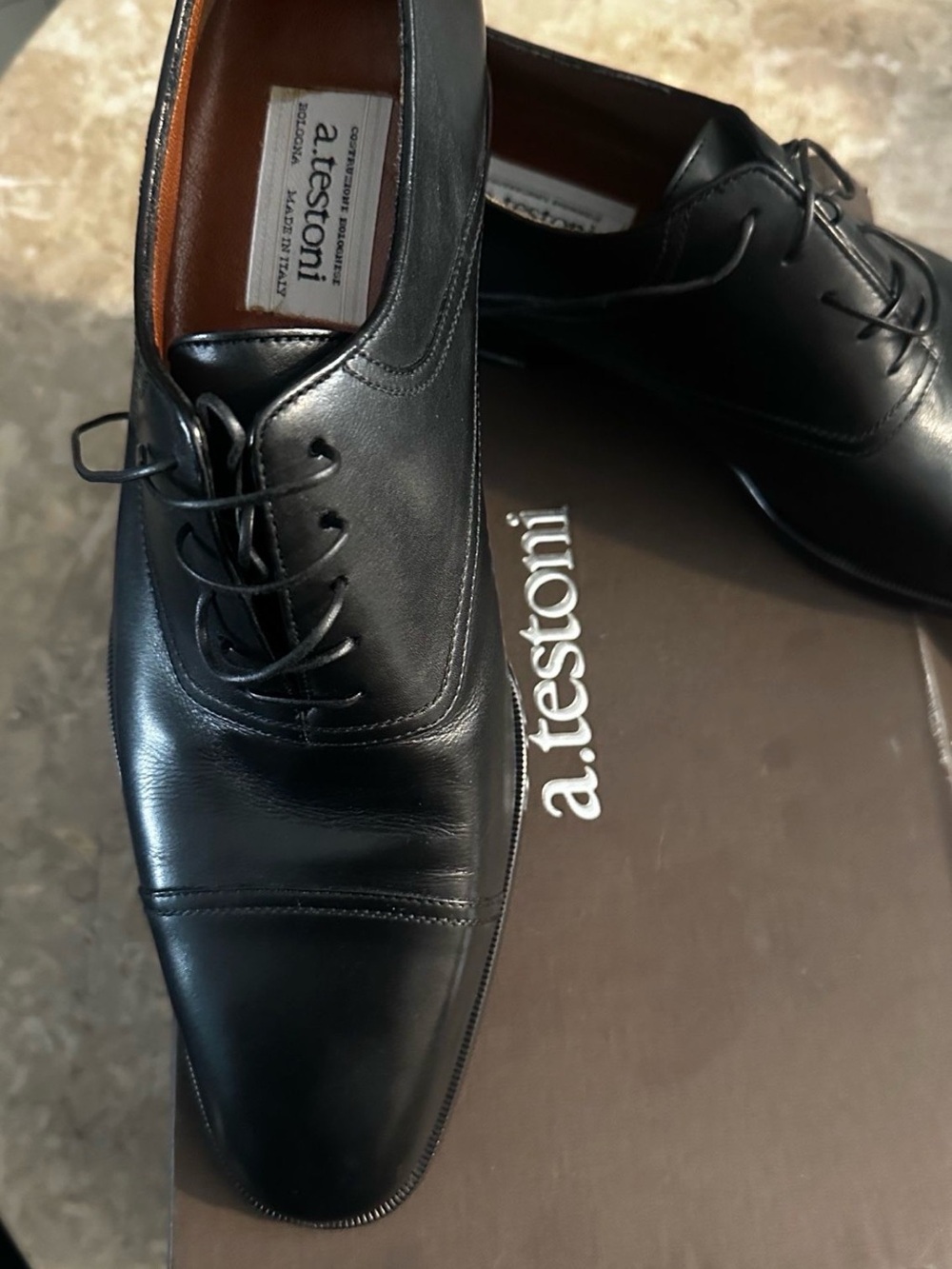 a. testoni Men’s Black Leather Cap-Toe Oxford